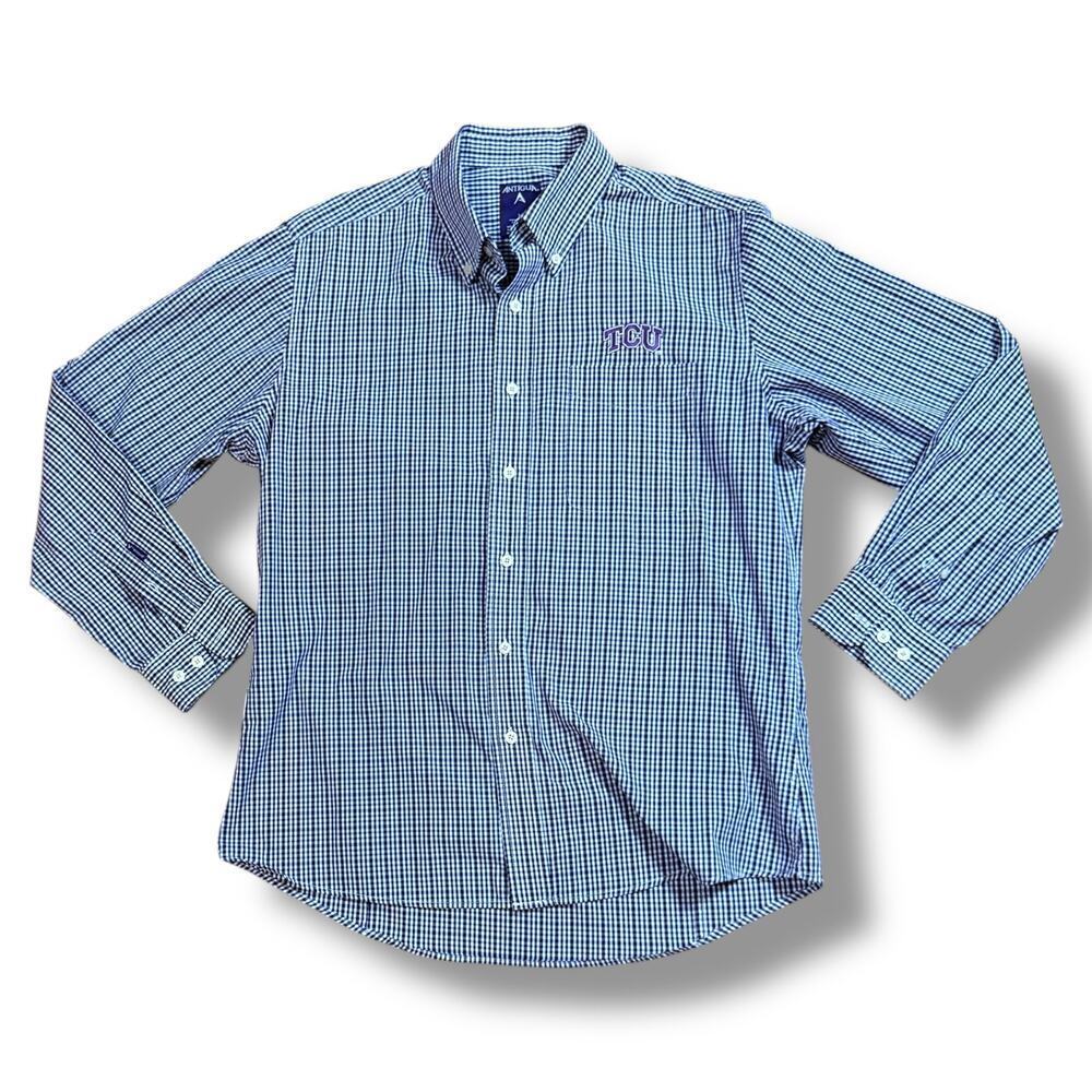Antigua TCU Button Down Shirt Mens Purple White Plaid Embroidered Sz L